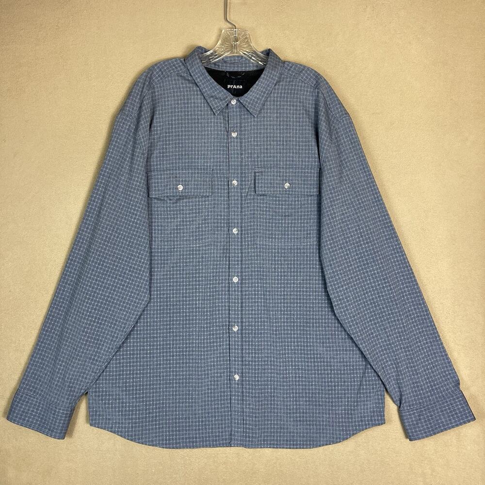 prAna Shirt Mens XXL Blue Garvan Long Sleeve Stretch Vented Button Up Pockets